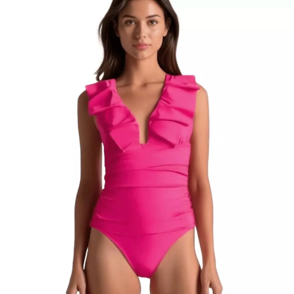 J Crew Women's Pink Ruched Ruffle One-Piece Swimsuit Size 24 Poolside Beach NWT